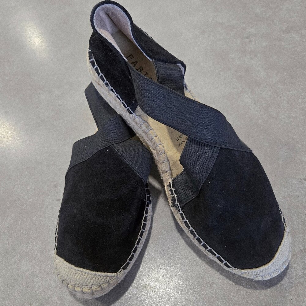 FABIOLAS Women's Black Leather Upper Espadrilles Wedge Shoe w/Elastic-Size 8.5